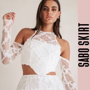Sabo Skirt corset sheer ruffled lace top off shoulder applique 8